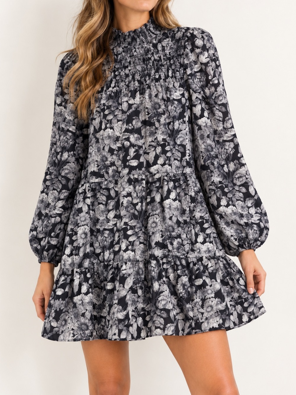 Cinq a Sept Black White Floral Smocked Mock Neck Dress 8 Tiered Boho Romantic